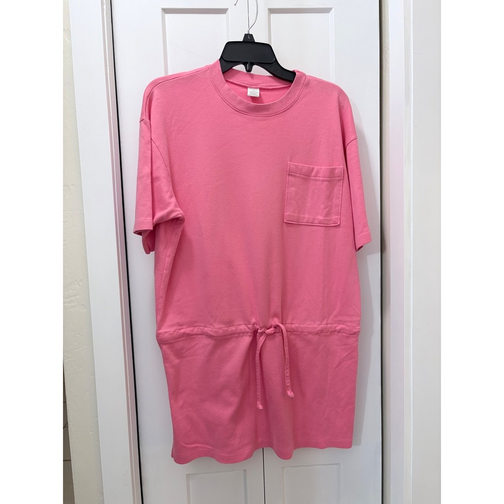 Lands End Vintage CORAL Cotton T-Shirt Dress Drawstring Waist Pocket USA Made M